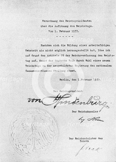 Decree from Hindenburg ordering dissolution of the Reichstag from 1 February 1933 Artist: Historical Document  