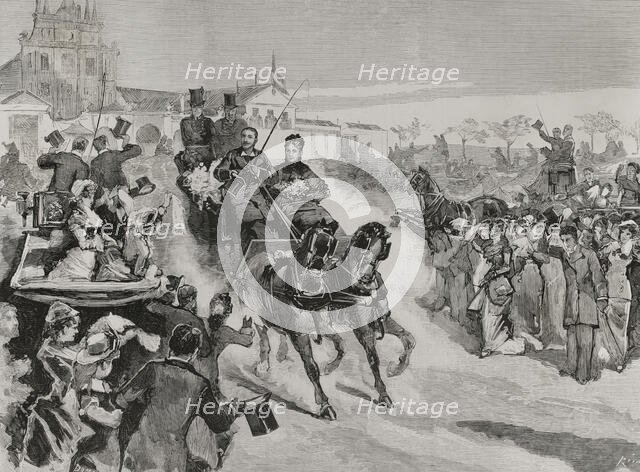 People clapping for King Alfonso XII on his way to the Basilica of Atocha, the day after...1878.   Creator: Bernardo Rico.