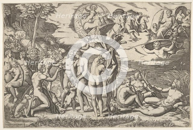 Judgment of Paris: Paris extends his hand toward Venus, who stands between Juno and..., ca. 1520-50. Creator: Marcantonio Raimondi.