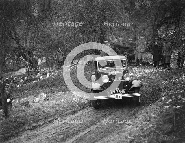 Ford V8 open tourer of H Hillcoat competing in the Sunbac Colmore Trial, Gloucestershire, 1933. Artist: Bill Brunell.