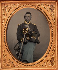 Union Cavalry Officer Displaying Sword, Holding Hat, Seated in Studio, 1861-65. Creator: Unknown.