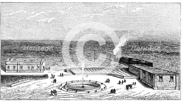 Geok-Tepe station on the Trans-Caspian railway, engraving, 1895.