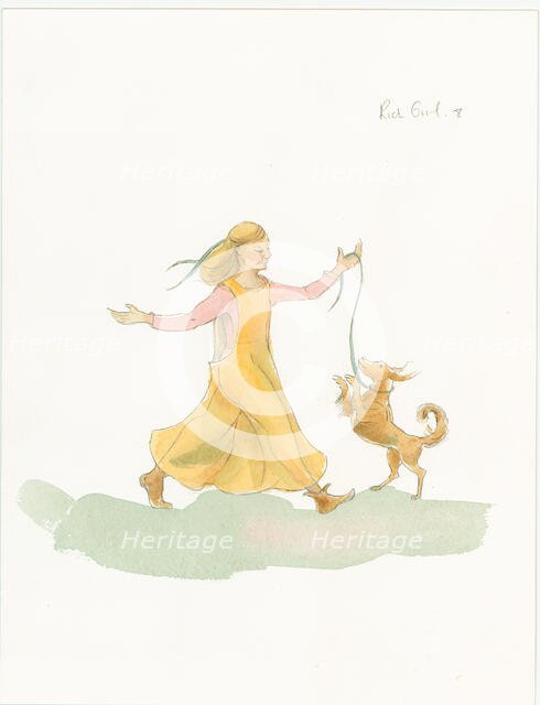 A medieval woman playing with a dog, 2004. Creator: Judith Dobie.