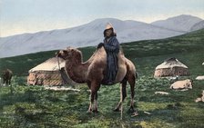 Kazakh on a Camel with Yurts in the Background, Valley of the Arakan River, a Tributary..., 1911-13. Creator: Sergei Ivanovich Borisov.