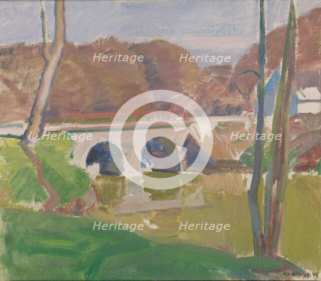 Landscape with bridge , 1944. Creator: Knud Ove Hilkier.