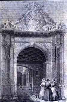 Door of the old house Gralla in Portaferrisa street in Barcelona, ??engraving by F.X. Parcerisa, …