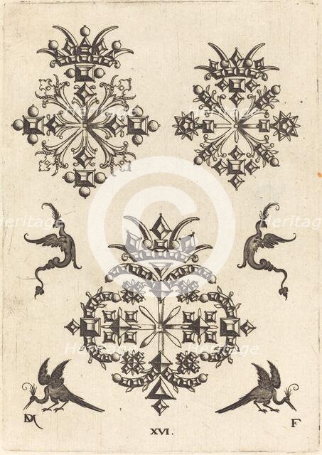 Three Brooches with Fantasy Birds at Left, Right, and Bottom, 1596. Creator: Daniel Mignot.