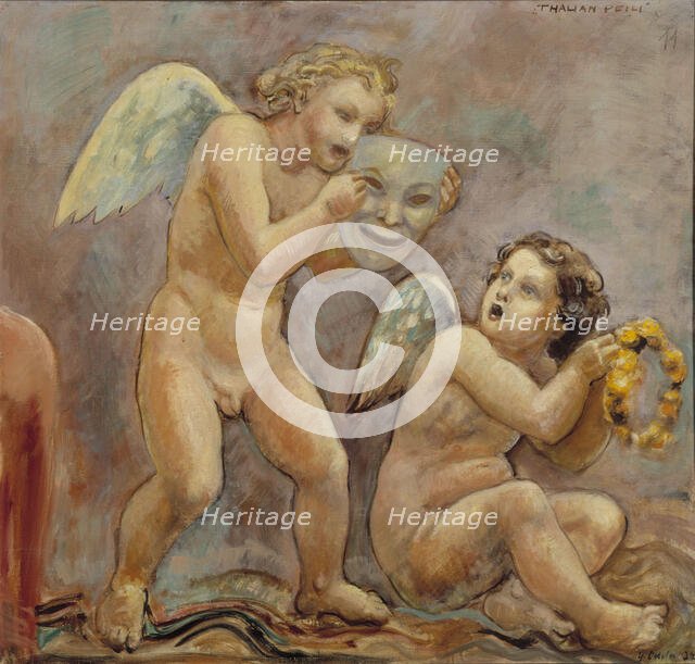 Thalia's mirror, sketch of the National Theater ceiling painting, detail, 1932. Creator: Yrjö Aleksander Ollila.