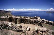 Isla del Sol, detail of the Incan temple with Lake Titicaca in background.