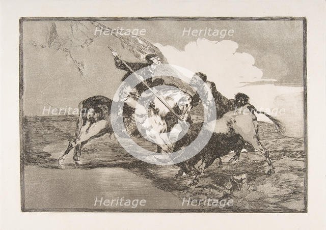 Plate 1 from 'The Tauromaquia': The way in which the ancient Spaniards hunted bulls on hor..., 1816. Creator: Francisco Goya.