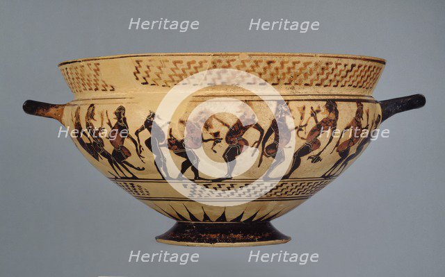 Middle Corinthian cup (skyphos) with a frieze of ithyphallic naked dancers, c600-575BC. Artist: Unknown.