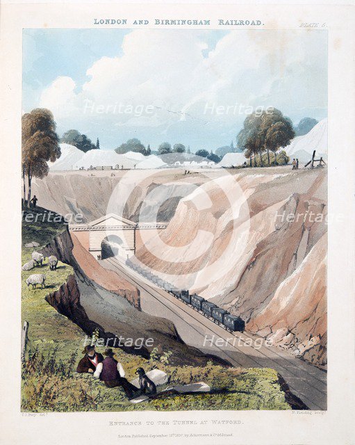 Entrance to the Tunnel at Watford, published 1837 (hand coloured engraving)