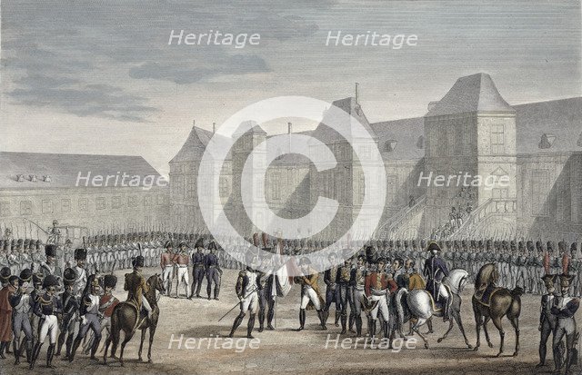 The abdication of Napoleon and his departure from Fontainebleau for Elba, 20th April 1814. Artist: Francois Pigeot