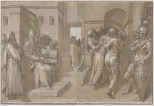 Pilate at the left washing his hands (left side of sheet), 1585. Creator: Andrea Andreani.