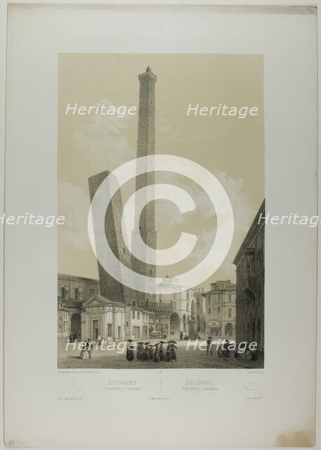 Bologna: The Asinelli and Garisenda towers, plate 40 from Italie Monumentale et Pittore..., c. 1848. Creator: Nicolas-Marie-Joseph Chapuy.