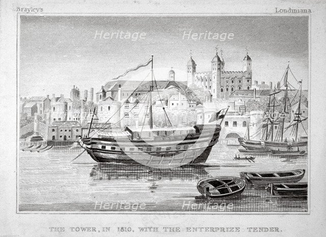 The Tower of London with the 'Enterprize' tender in the foreground, 1810. Artist: Anon