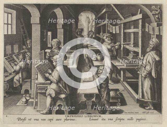 New Inventions of Modern Times [Nova Reperta], The Invention of Book Printing, plate 4..., ca. 1600. Creator: Jan Collaert I.