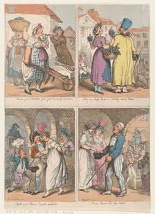Four Scenes from "Cries of London" Series: Here's your Potatoes...; Buy my Moss ..., August 1, 1801. Creator: Thomas Rowlandson.
