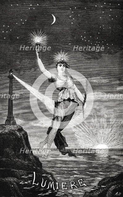 Allegory of Electric Light. From "Physique et chimie populaires" by Alexis Clerc, Early 1880s. Creator: Anonymous.