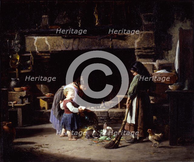 Farm Interior: Breton Children Feeding Rabbits, 1878. Creator: William Henry Lippincott.