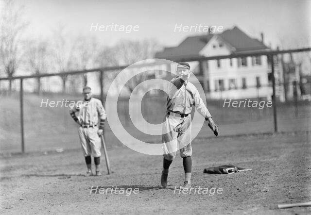 Danny Moeller, Throwing, Plus Unidentified Player, Washington Al (Baseball), ca. 1912-1915. Creator: Harris & Ewing.