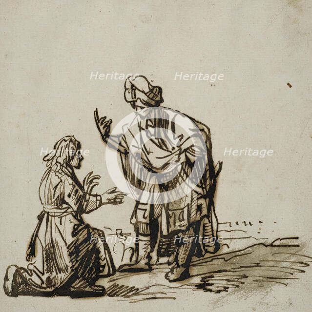 Young man kneeling before a standing man in oriental dress. Creator: Rembrandt Harmensz van Rijn.