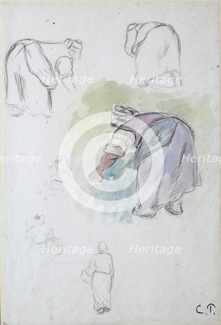 Sheet of studies: four studies of a female peasant bending, and two studies of a woman holding a bas Artist: Camille Pissarro.