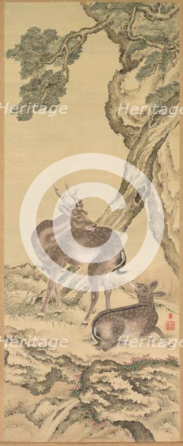 Symbols of Longevity: Deer under Peach and Pine (Peach) (left), 1801. Creator: Toda Tadanaka (Japanese, 1761-1823).
