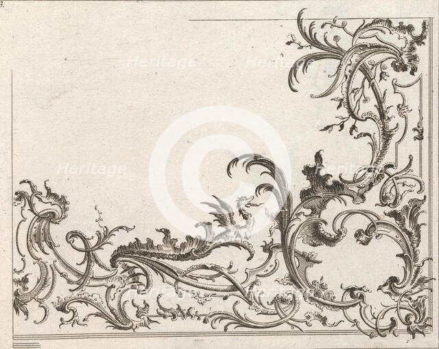 Design for the Decoration of the Lower Right Corner of a Ceiling, Plate 3 f..., Printed ca. 1750-56. Creator: Carl Pier.