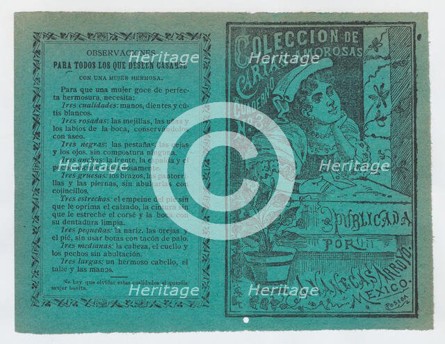 Cover for 'Coleccion de Cartas Amorosas Cuaderno No. 3', a young woman holding a lette..., ca. 1900. Creator: José Guadalupe Posada.