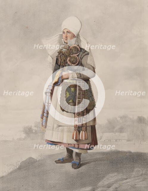 Full-length woman in costume with landscape in the background, 1810-1857.  Creator: Otto Wallgren.