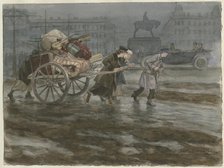 Family moving its belongings on cart (from the series of watercolors Russian revolution), 1917-1918. Artist: Vladimirov, Ivan Alexeyevich (1869-1947)