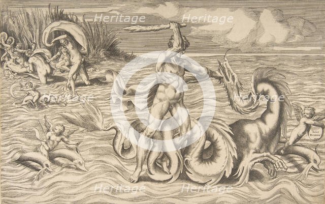 Hercules fight adragon in the centre, Achelous carrying off Deianeira upper left, 1531-76. Creator: Giulio Bonasone.