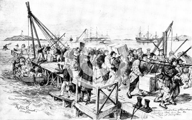 The Chinese Question: Germans landing stores at Tsingtan for Kiao-Chau, 1898. Creator: Unknown.