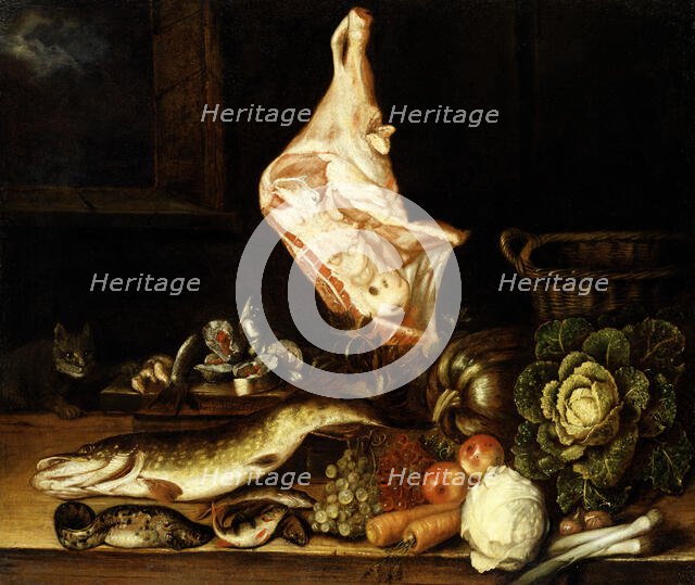 Still Life with a Joint of Veal, Greens and Fish. Creator: Christian von Thum.