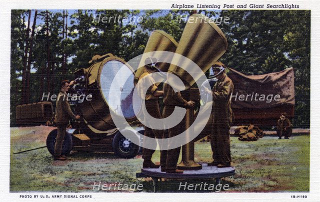 Aircraft listening post and giant searchlights, USA, 1941. Artist: US Army Signal Corps