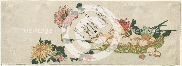 Basket with Fan, Chrysanthemums, and Mushrooms, early 1800s. Creator: Katsushika Hokusai (Japanese, 1760-1849), attributed to.