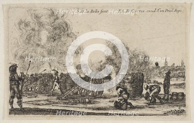 Plate 6: battery of cannons firing on a city, from 'Various Military Caprices' (Varii ..., ca. 1641. Creator: Stefano della Bella.