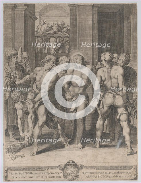 The Flagellation of Christ, with floggers on either side and figures watching from a balco..., 1593. Creator: Aegidius Sadeler II.