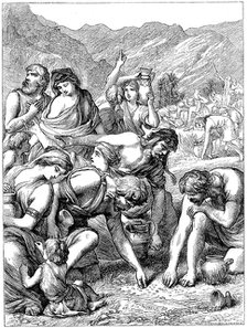 Israelites in the wilderness collecting the manna that fell from Heaven, 1869. Artist: Unknown