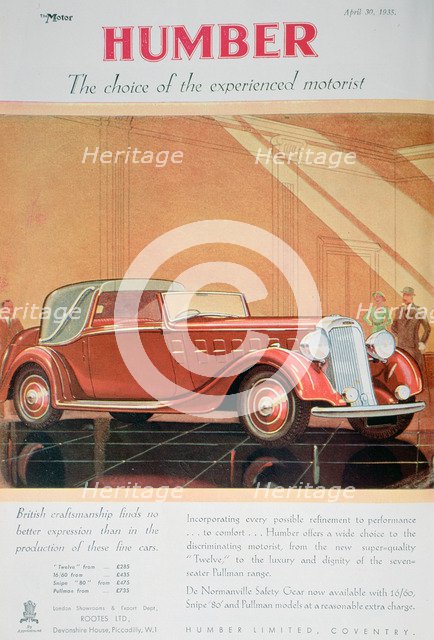 Advert for Humber motor cars, 1935. Artist: Unknown