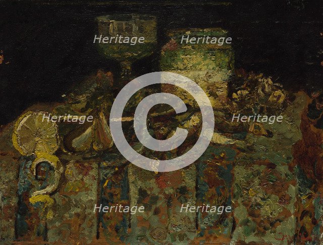 Still Life: Oysters, Fish, c. 1880. Artist: Monticelli, Adolphe-Thomas-Joseph (1824-1886)