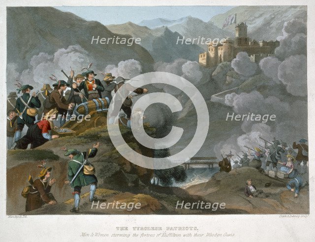 'The Tirolese Patriots Storming the Fortress of Kuffstein with their wooden Guns, 1816. Artist: John Heaviside Clark