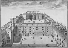 Bird's-eye view of Bridewell with figures walking in the quadrangle, City of London, 1750. Artist: Sutton Nicholls