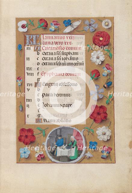 Hours of Queen Isabella the Catholic, Queen of Spain: Fol. 2r, January - Feast, c. 1500. Creator: Master of the First Prayerbook of Maximillian (Flemish, c. 1444-1519); Associates, and.