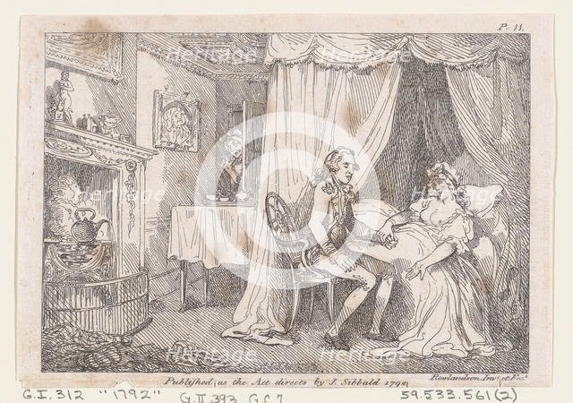 Lady Booby attempts to seduce the immaculate Joseph, from "The Adventures of Joseph Andrew..., 1792. Creator: Thomas Rowlandson.
