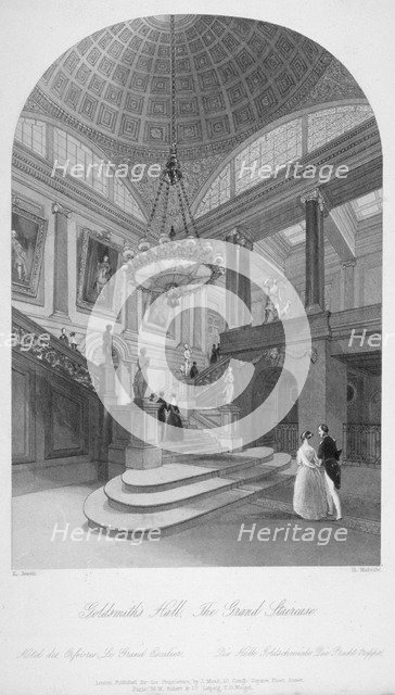 Interior view of the Goldsmiths' Hall showing the grand staircase, City of London, 1840.     Artist: Harden Sidney Melville       