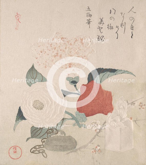 Camellia Flowers, a Netsuke and a Seal, 19th century. Creator: Kubo Shunman.