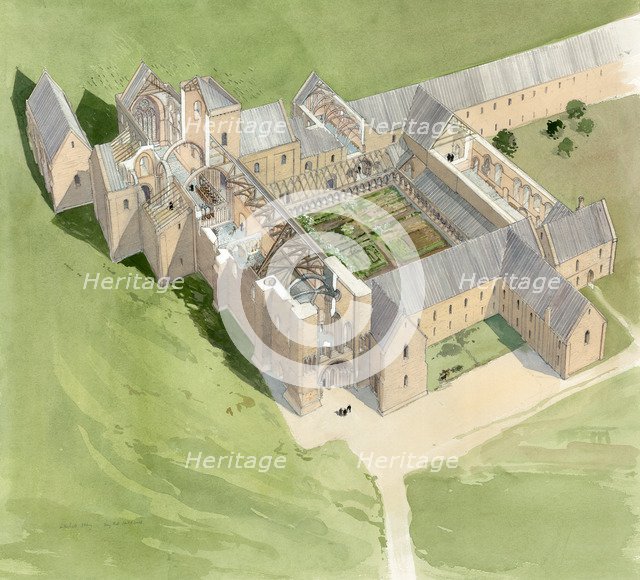 Aerial view of Lilleshall Abbey, circa late 15th century, (c1990-2010). Artist: Terry Ball.