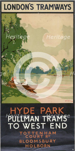 'Hyde Park, Pullman Trams to West End', London County Council (LCC) Tramways poster, 1930. Artist: Rene Blair